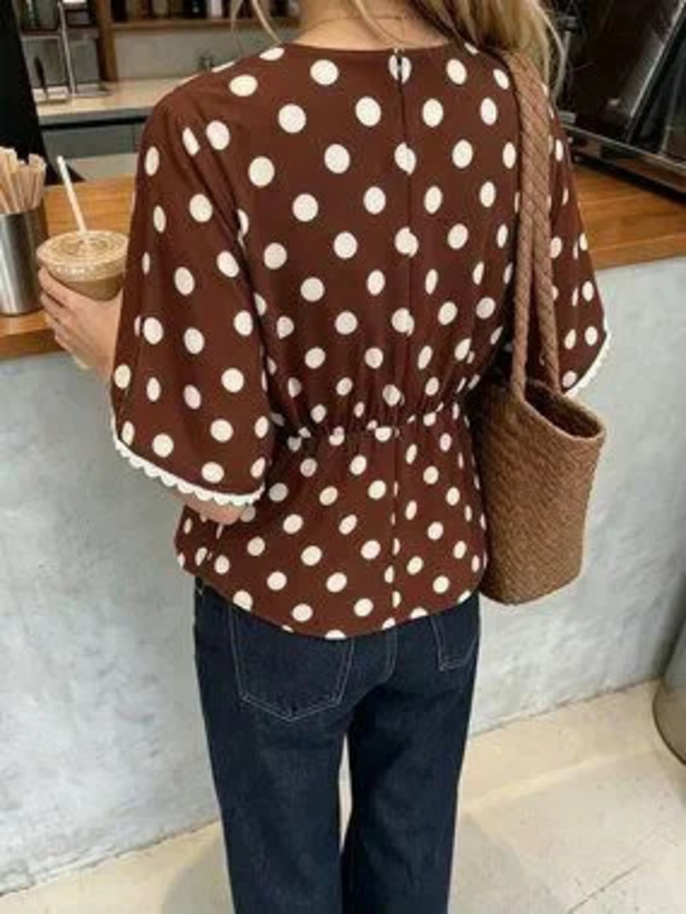 Brown Boho Women's Lace Trim Batwing V Neck Polka Dot Peplum Top